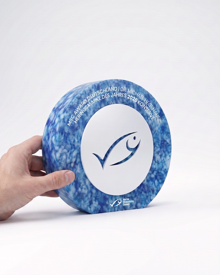 Maßgeschneiderte Trophäe für die MSC Awards von Sustain Awards, von einem Model gehalten